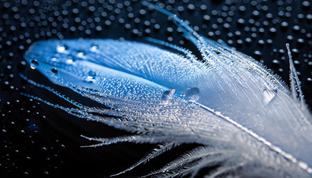 beautiful blue feather with drops of water on a dark background close upの素材