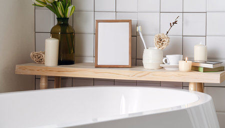 Bathroom interior with white bathtub, mirror, candles and wooden frameの素材