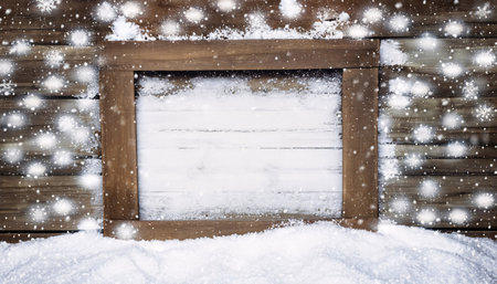 Wooden frame in snow with snowflakes. Christmas background.の素材