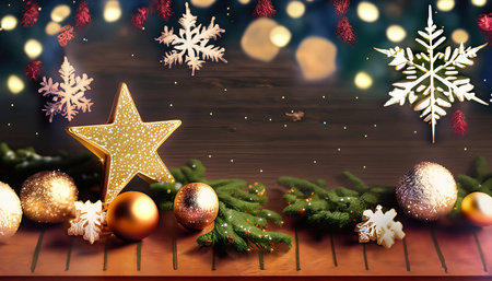 Christmas and New Year background with golden stars and ornaments.の素材