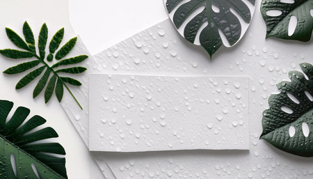 Creative layout made of tropical leaves on white background. Flat lay, top view minimal summer concept.の素材