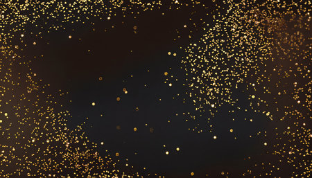 Gold glittering confetti on black background. Golden sparkles isolated on black background.の素材