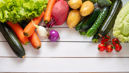 Fresh vegetables on white wooden background. Top view. Copy-space.の素材
