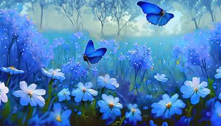 Blue butterflies in the meadow. Digital painting. Flower background.の素材