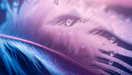 Beautiful color feathers with water drops on it. Close-up.の素材
