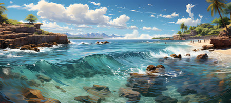 Tropical beach panorama. Seascape with palm trees and rocks.の素材