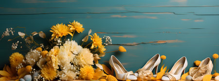 Wedding bouquet of yellow flowers and shoes on a blue wooden backgroundの素材