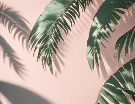 Tropical palm leaves on pastel pink background. Minimal summer concept.の素材