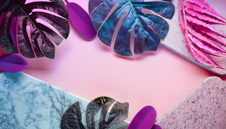 Creative layout made of tropical leaves. Flat lay. nature conceptの素材