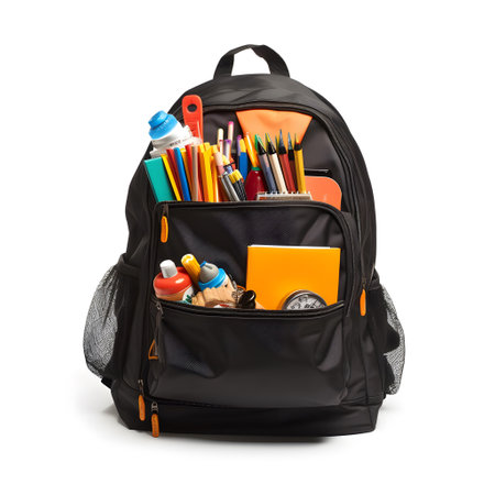 Backpack with school supplies isolated on white background. Back to school conceptの素材