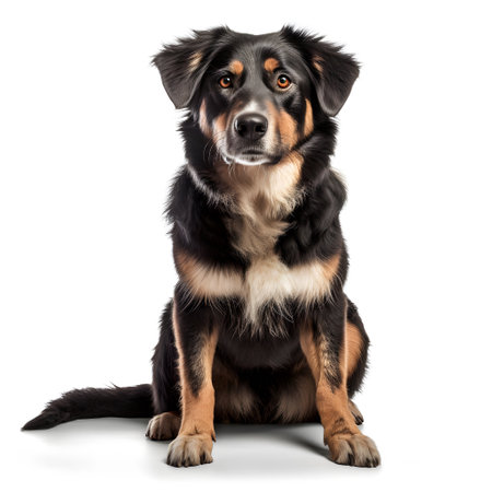 Close-up of a Bernese Mountain Dog sitting, isolated on whiteの素材