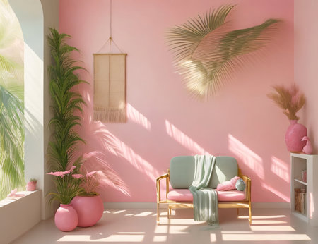 Interior of modern living room with pastel pink wall and green sofa. 3d renderingの素材
