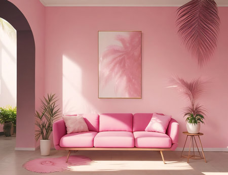 Pink living room interior with pink sofa and plants. 3d renderingの素材