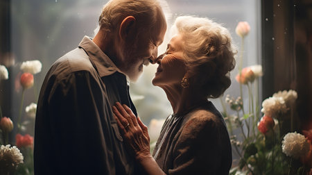Beautiful senior couple in love kissing and embracing near window at homeの素材