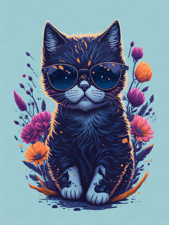 Cute cat with sunglasses and flowers on blue background. Vector illustration.の素材