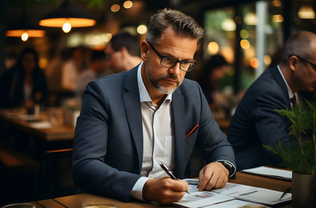 Handsome mature businessman sitting at a table in a cafe and working with documentsの素材