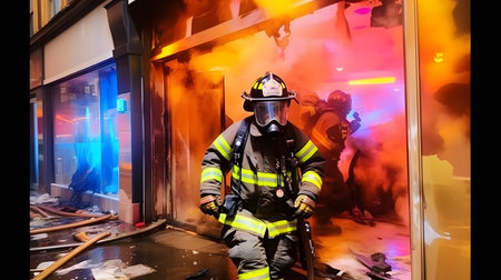 Fireman in action during a fire fighting operation in a residential buildingの素材