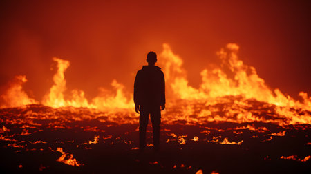 In the Face of Fire: Silhouette of a Man Confronting a Massive Infernoの素材