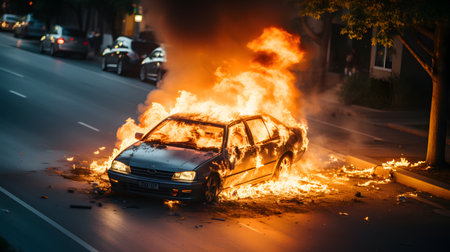 City in Flames: Burning Car on the Road - Nighttime Riot Sceneの素材