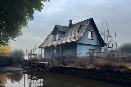 Rustic Charm: Old Wooden House by the River in the Villageの素材