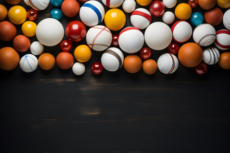 Variety of sport balls on wooden background. Top view with copy spaceの素材