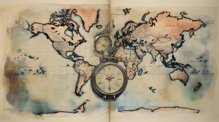 Vintage compass on the world map. Retro style toned picture Place for text with copy spaceの素材