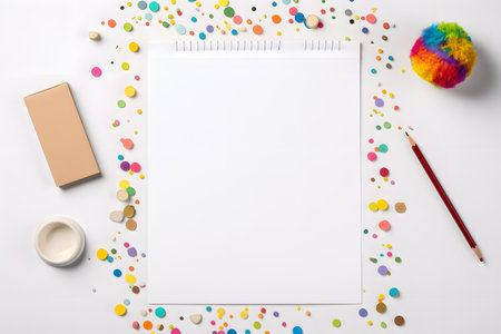 Top view of blank notepad with colorful confetti on white background, with copy spaceの素材
