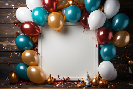 Blank sheet of paper with colorful balloons and confetti on wooden background with copy spaceの素材
