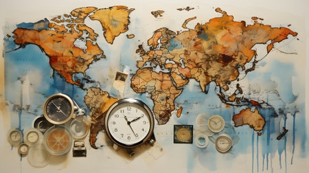 Vintage world map with compass, clock and other objects on grunge background with copy spaceの素材