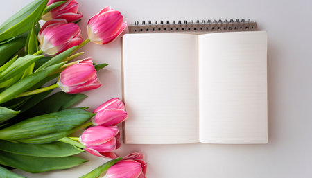 Bouquet of pink tulips and a notebook on a white backgroundの素材