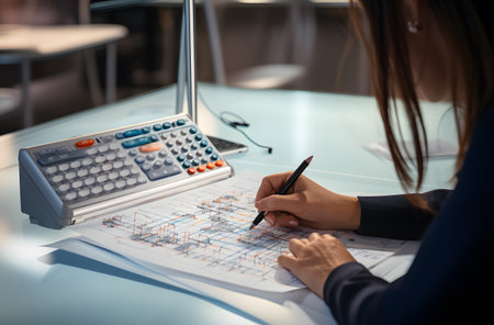 Close up of businesswoman writing on paper with calculator at table in officeの素材