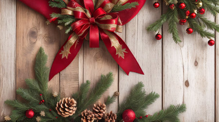 Christmas decoration with fir tree branches and red ribbons on wooden backgroundの素材