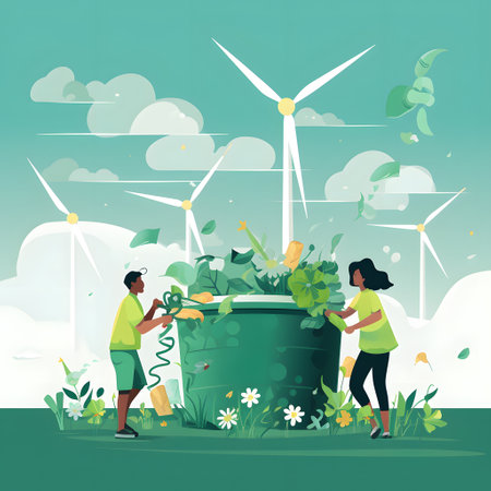 Vector illustration of people in the windmills. Eco-friendly concept.の素材
