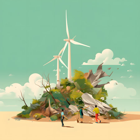 Wind turbines in the desert. Ecological concept. Vector illustration.の素材