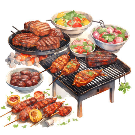 Barbecue with grilled meat and vegetables. Watercolor illustration isolated on white backgroundの素材