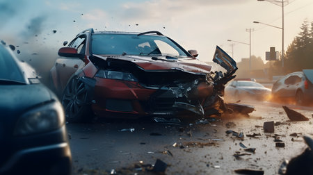 Car accident on the road. Damaged car after a violent accidentの素材