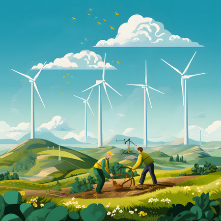 Vector illustration of two farmers working in the field with wind turbines.の素材