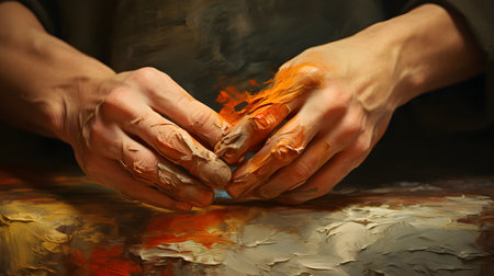 Painting with oil paints, closeup of hands of a potterの素材