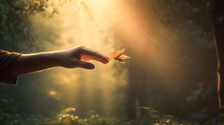 Human hand holding a leaf in the sunlight in the forest, nature conceptの素材