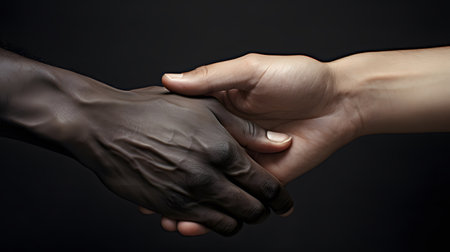 Closeup of black and white hands holding each other over black backgroundの素材