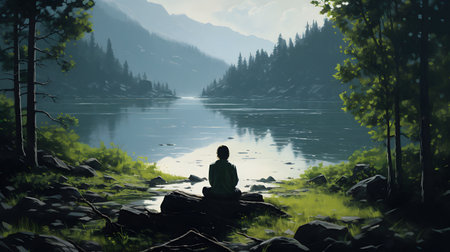 Man meditating on a rock by the lake. 3d renderingの素材