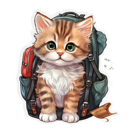 Cute kitten sitting in a backpack. Vector illustration isolated on white background.の素材