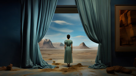 Woman standing in front of the window and looking at the landscape.の素材