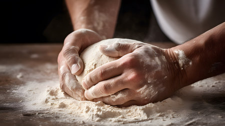 Male hands kneading dough on a wooden table. Dark background.の素材