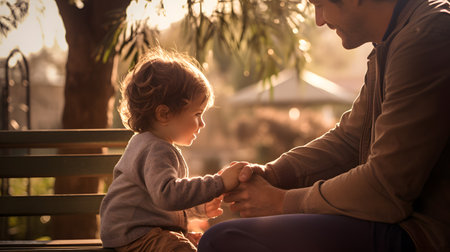 Cute little girl sitting on the bench and holding her father's handの素材