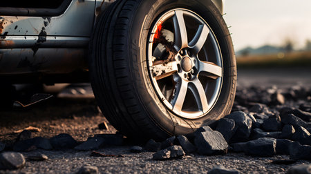 Close-up of damaged car wheel on the road. Auto insurance conceptの素材