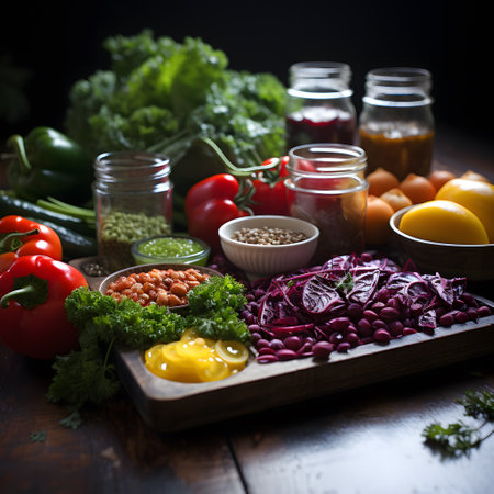 Fresh vegetables and spices on a wooden board. Selective focus.の素材