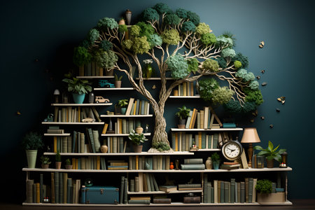 Old bookshelves with beautiful green plants. 3D rendering.の素材