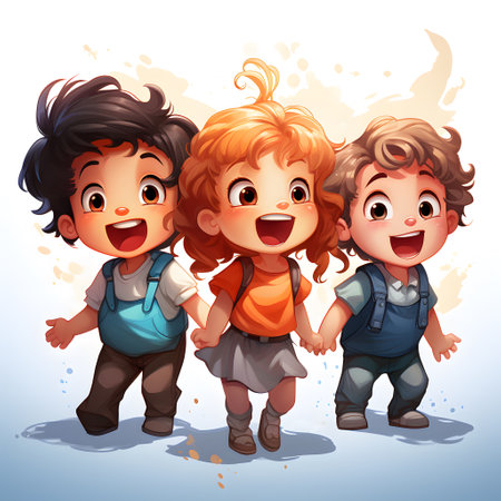 Illustration of a group of happy kids holding hands on a white backgroundの素材