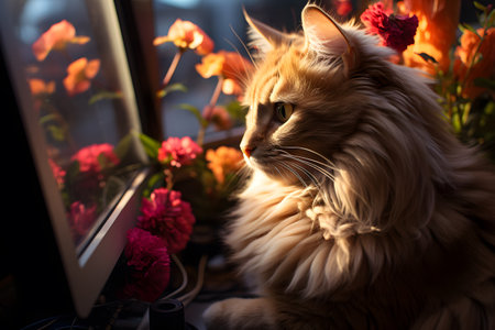 Ginger cat sitting in front of a computer monitor with flowers.の素材